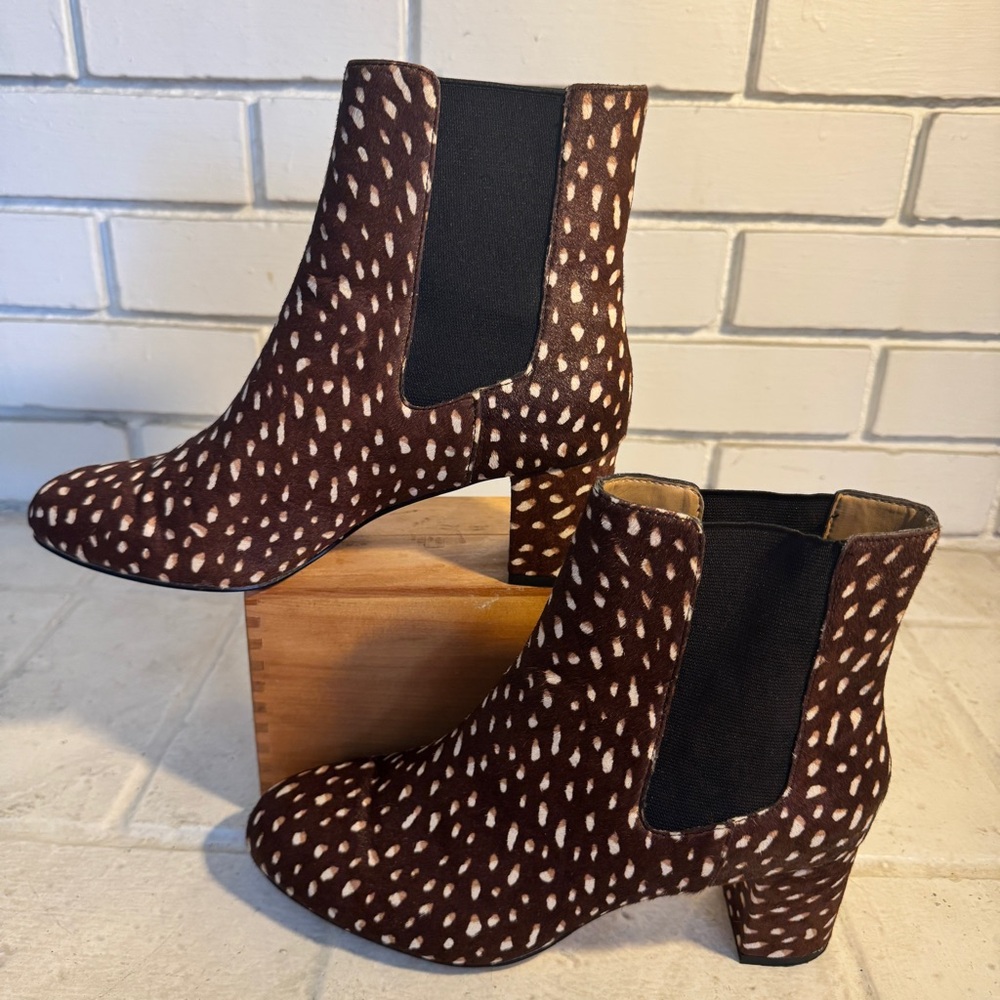 J.Crew Women Brown Leather Calf Hair Fur Spotted Pull-On Chelsea Ankle Boots 9